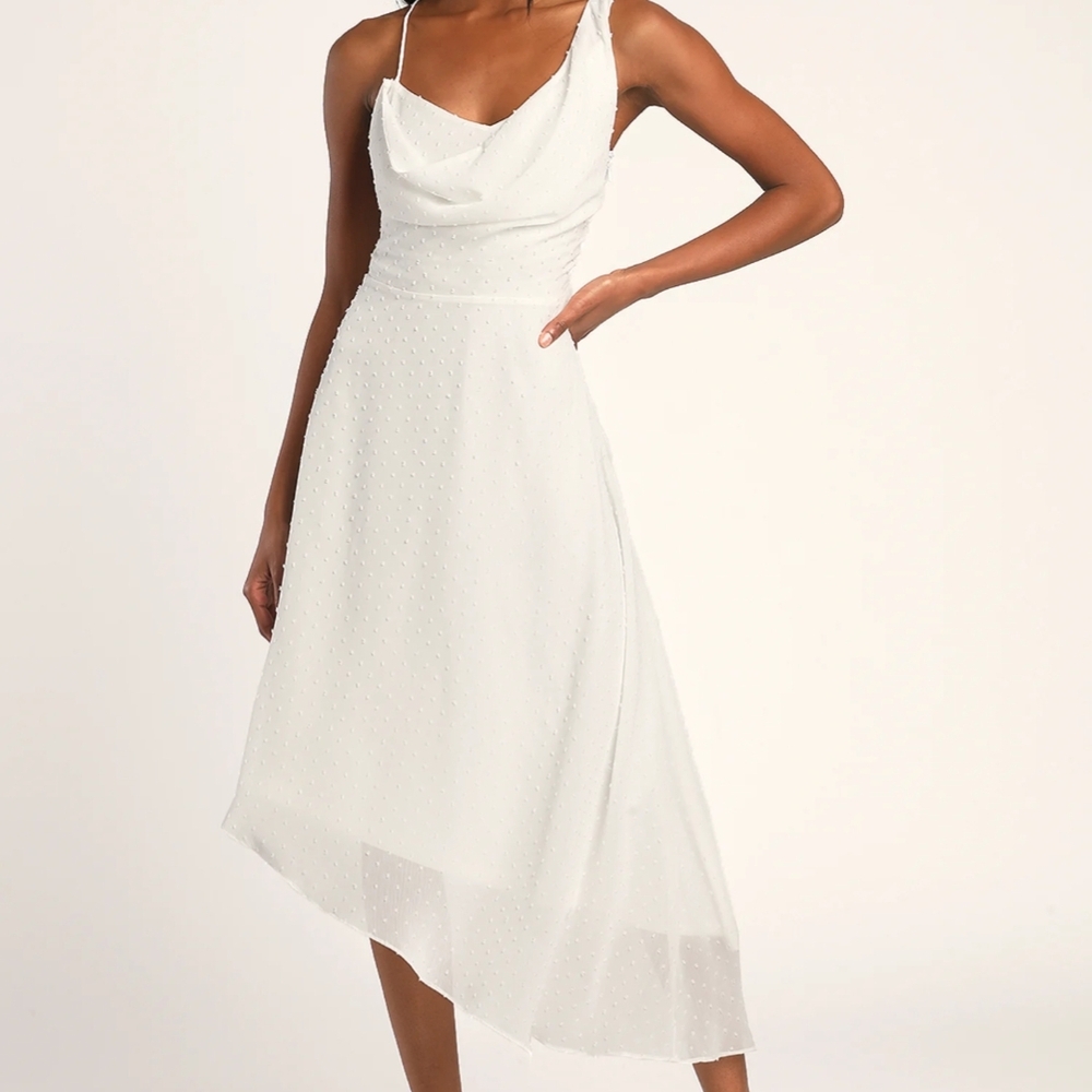Lulus Take A Chance On Romance White Asymmetrical Swiss Dot Midi Dress NWT